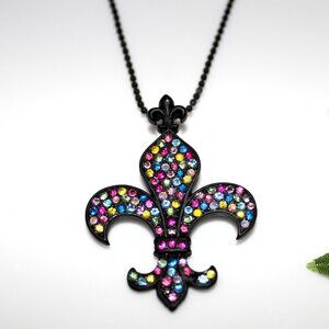 Black Fleur-de-Lis Rhinestone Pendant Necklace Mardi Gras New Orleans Carnival